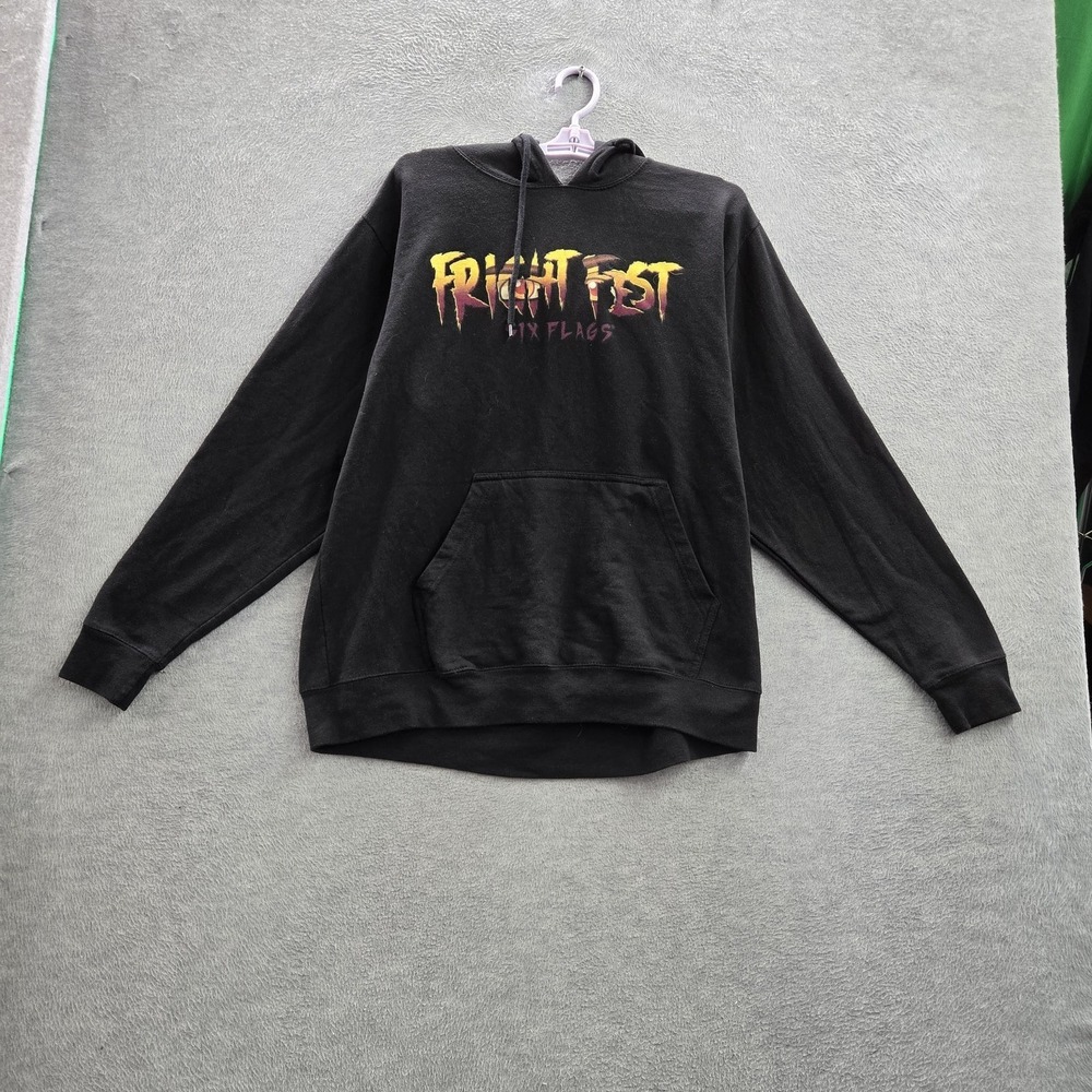 Six Flags Fright Fest Men Hoodie L Black Graphic Fleece Horror Clown Logo‎